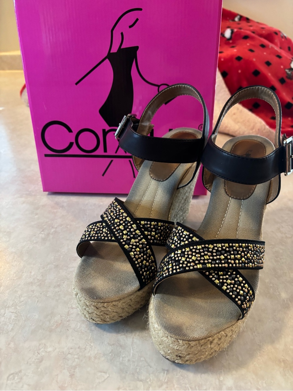 Corkys Black Wedge Espadrilles with Gold Stud Accents
